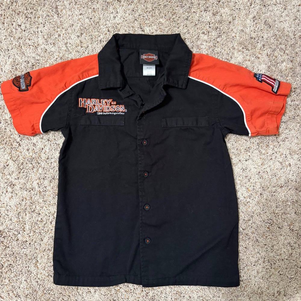 Harley-Davidson Youth Button Front Racing Shirt‎ Black Orange Size 7 Motorcycle